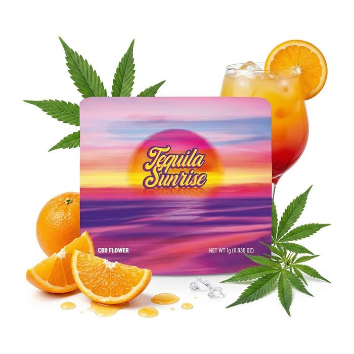 Cookies CBD Flower Tequila Sunrise 1g Verpackung und Blüte