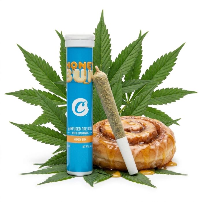 Cookies Infused Pre-Roll Honey Bun 1g in der Originalverpackung auf weißem Hintergrund