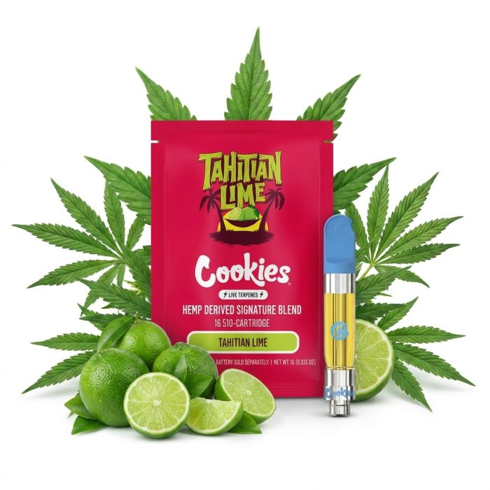 Cookies Infused Cartridge Tahitian Lime 1ml im Vordergrund mit dunkler Verpackung