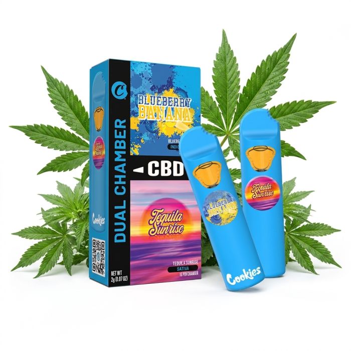 Cookies CBD Dual Chamber Vape mit zwei Geschmacksrichtungen Blueberry Banana und Tequila Sunrise
