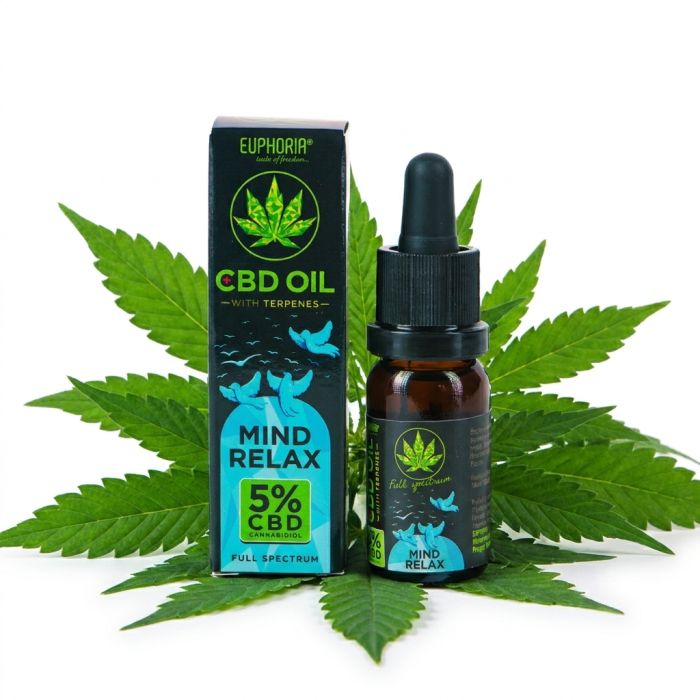 Euphoria 5% CBD Öl mit Mind Relax Terpenen in Glasflasche mit Tropfpipette