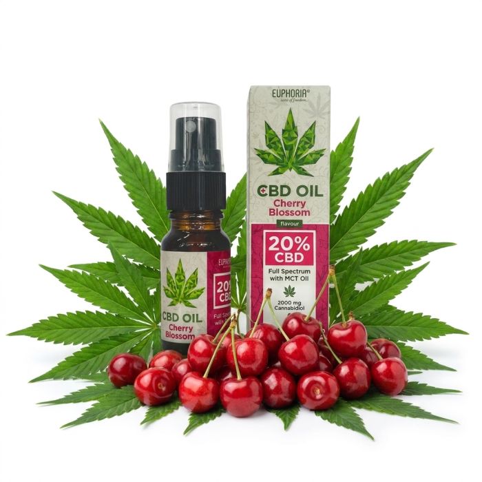Euphoria 20% CBD Öl Cherry Blossom in dunkler Glasflasche mit Tropfspender