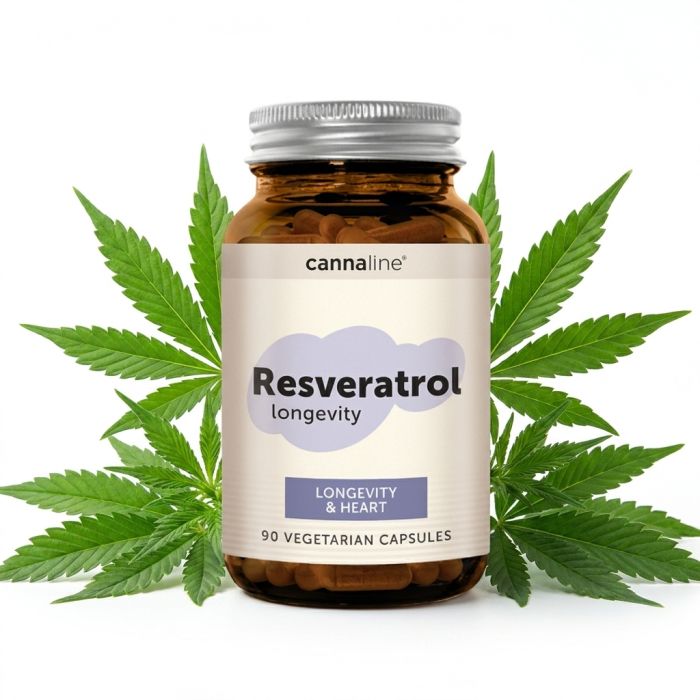 Cannaline Resveratrol Antioxidant Shield Kapseln im Glas auf dunklem Hintergrund