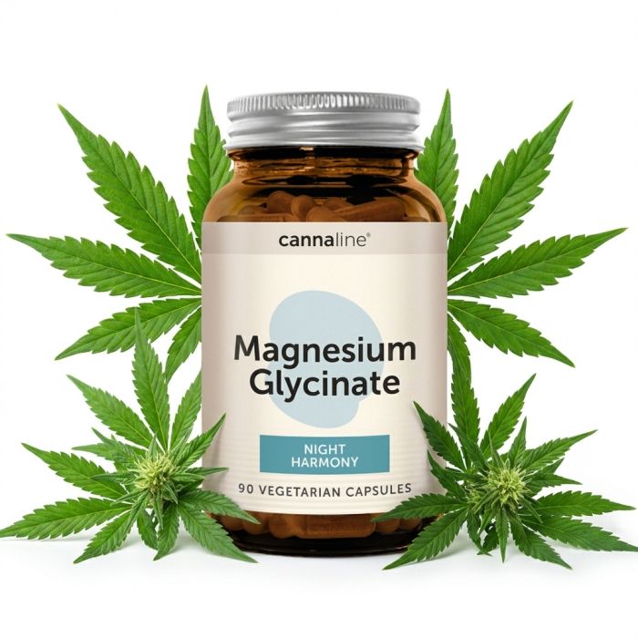 Cannaline Magnesium Glycinate Night Harmony Magnesium Stick Pulver in silberner Verpackung