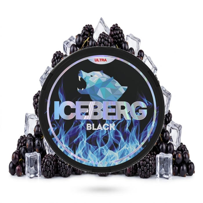 Iceberg Black tobacco-free nicotine pouches in Slim format, open can with 20 portions and neutral flavour profile