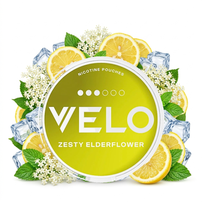 Velo Zesty Elderflower Nicotine Pouches Dose mit 20 Slim Portionen im Holunder-Zitronen-Geschmack