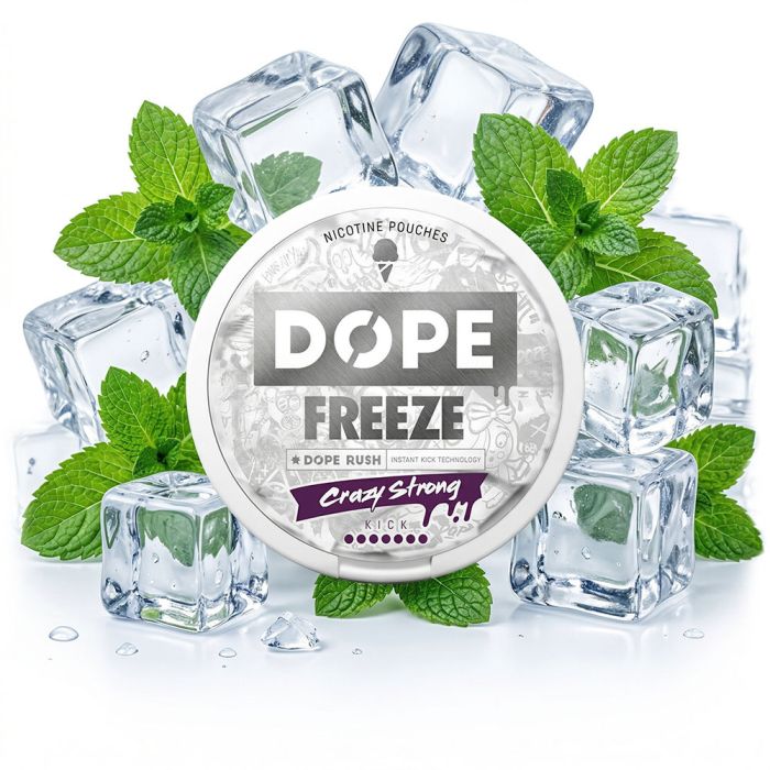 Dope Freeze Crazy Strong Dose mit eisigem Minz-Design und tabakfreien Nicotine Pouches im Slim-Format