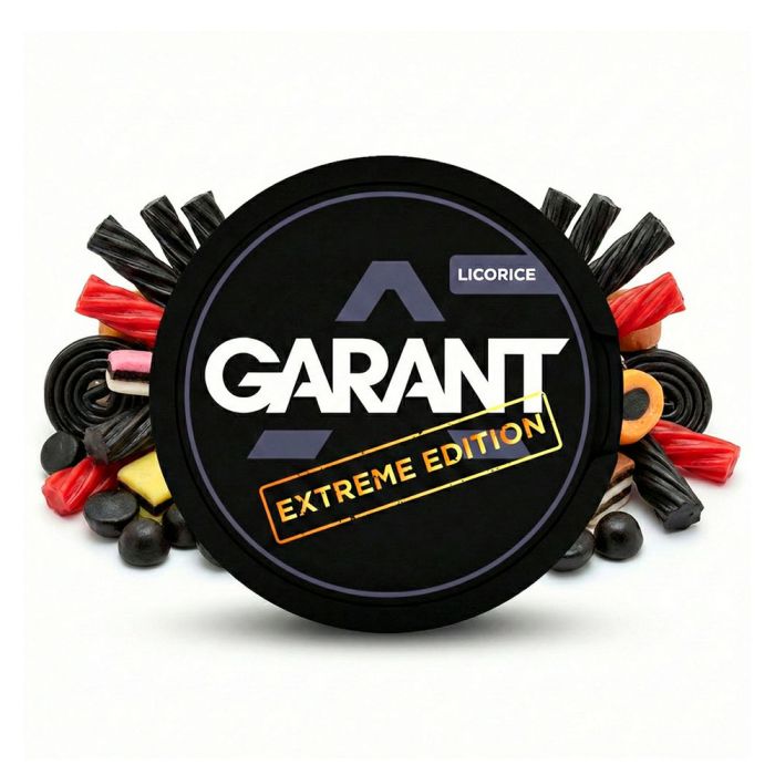 Garant Licorice Extreme All White Nicotine Pouches in Originaldose mit schwarzem Lakritz-Design