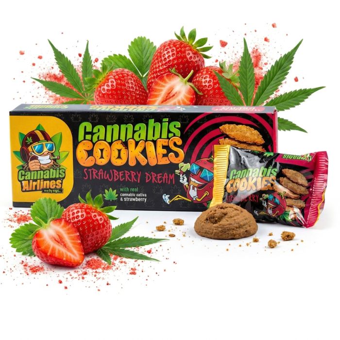 Cannabis Airlines Cannabis Kekse Erdbeer-Traum Packung mit Hanfblatt-Design und Erdbeer-Abbildung