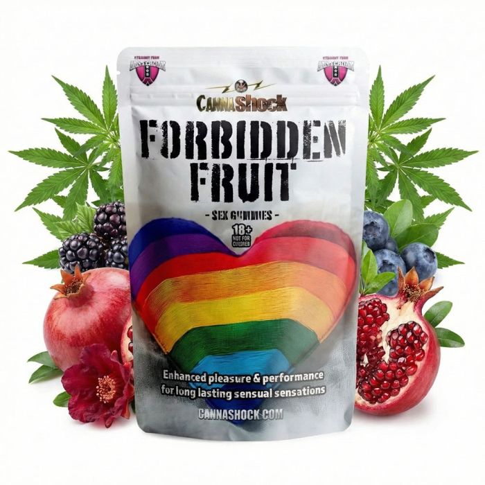 CANNAShock Forbidden Fruit Sex Gummies Verpackung mit fruchtigem Design für Genussmomente ab 18 Jahren