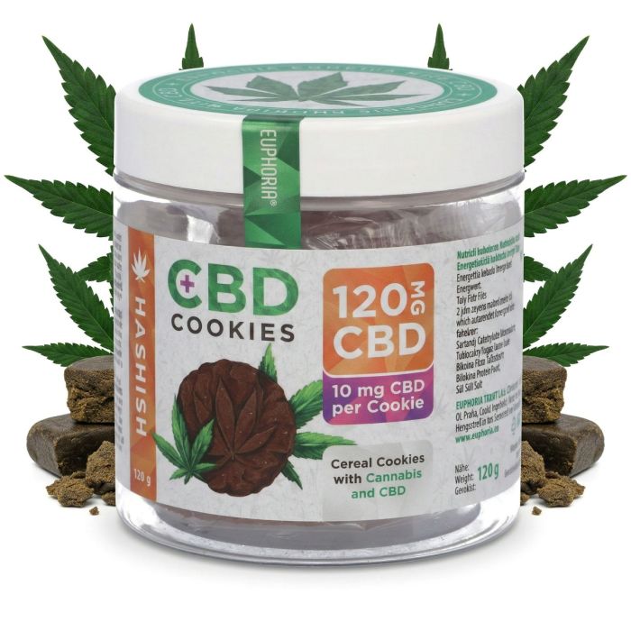 Euphoria CBD Cookies Haschisch Packung mit grünem Hanfblatt und knusprigen Hanfkeksen