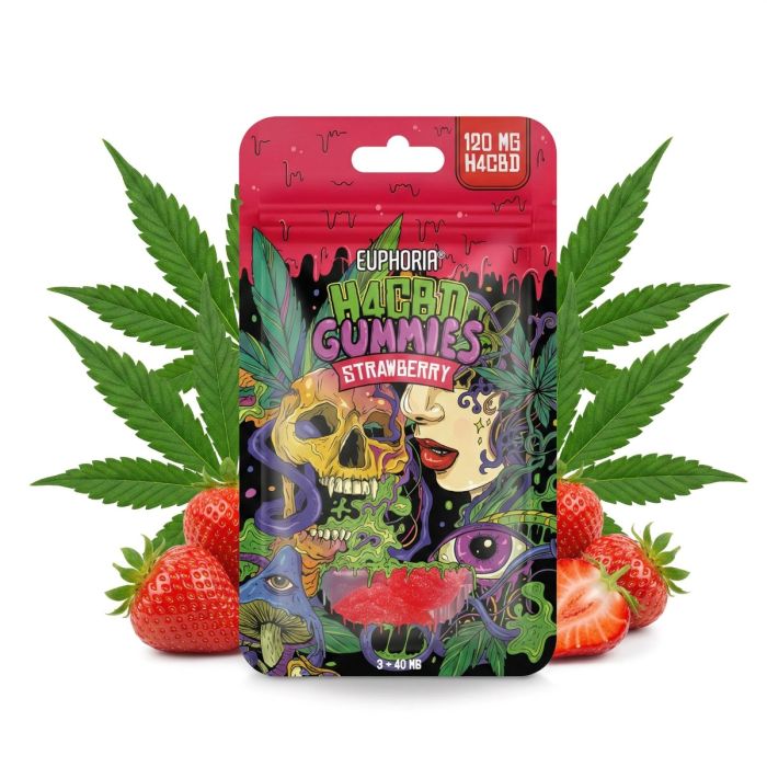 Euphoria H4CBD Gummies Pack Strawberry Verpackung mit H4CBD-Logo vor weißem Hintergrund