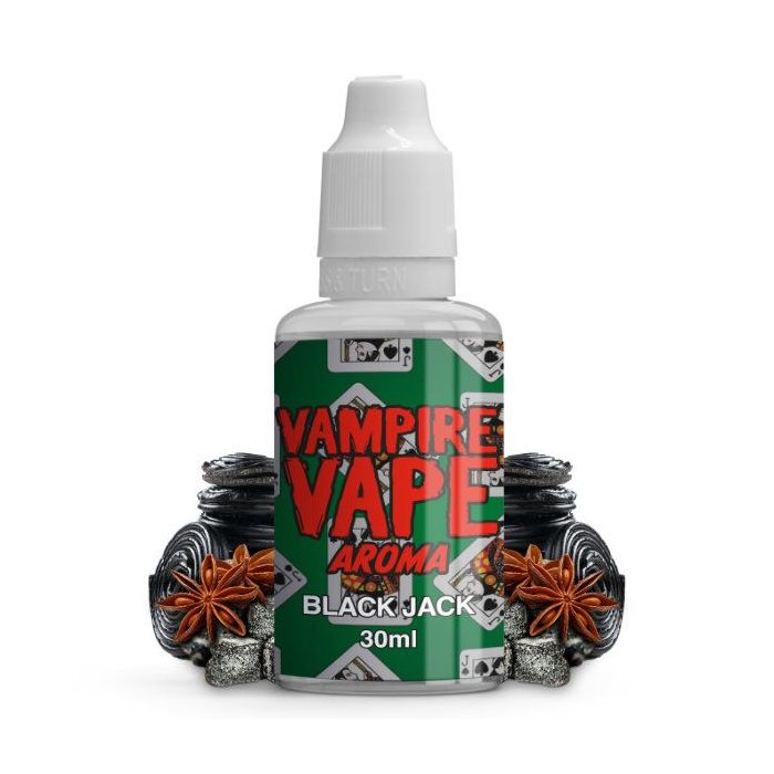 Vampire Vape Black Jack 30ml Aroma Flasche mit Lakritz- und Anis-Design auf dunklem Hintergrund