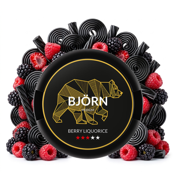 BJÖRN Berry Liquorice Medium Nicotine Pouches – geöffnete Dose mit Slim-Beuteln im Beerennote-Lakritz-Geschmack