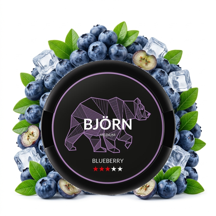 BJÖRN Blueberry Medium nikotinfreie Nicotine Pouches Dose mit 20 Slim-Beuteln und Blueberry-Aroma