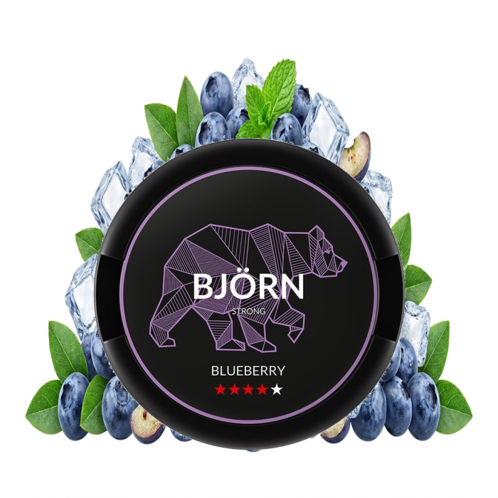 BJÖRN Blueberry Strong Nicotine Pouches Dose mit Slim-Beuteln im Detail