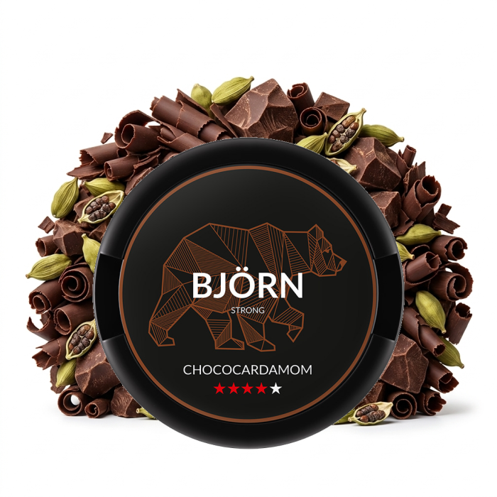 BJÖRN Chococardamon Strong Nicotine Pouch Dose mit Slim-Beuteln und Schokolade-Kardamom-Sorte