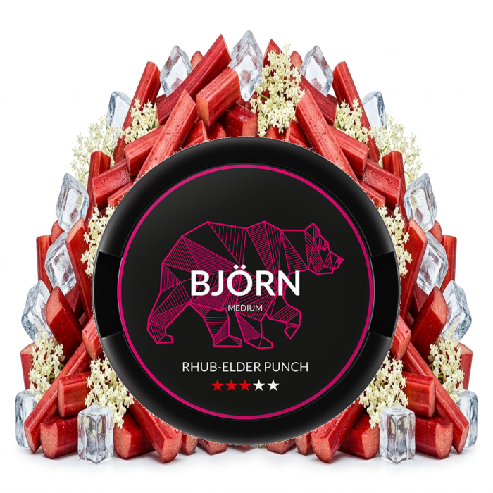 BJÖRN Rhub Elder Punch Medium Nicotine Pouch Slim-Format, geöffnete Dose mit 20 Beuteln