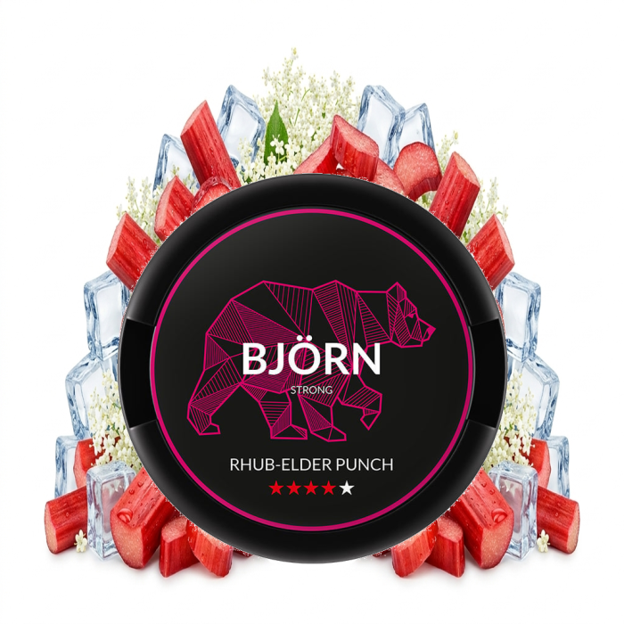 BJÖRN Rhub Elder Punch Strong Nicotine Pouches im Slim-Format mit offener Dose und Beutel-Detail