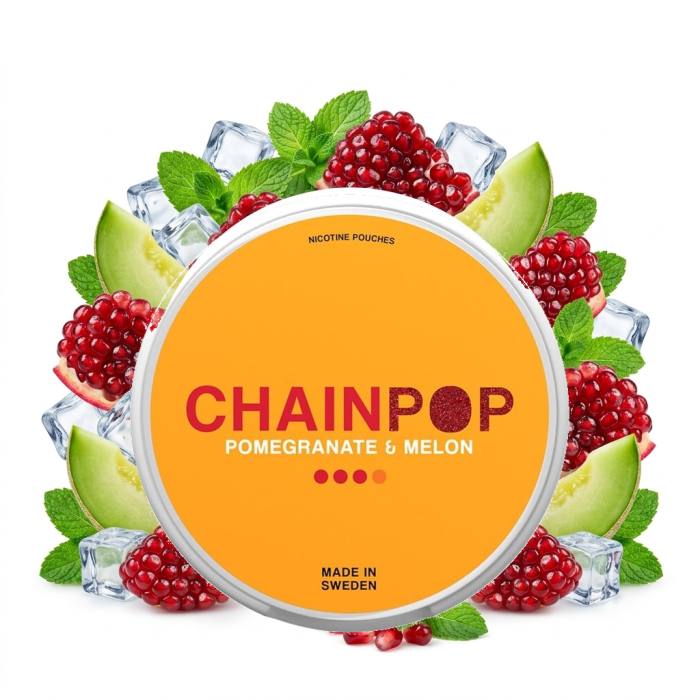 Chainpop Pomegranate & Melon Slim Nikotinbeutel mit geöffneter Dose und 20 All-White Portionen