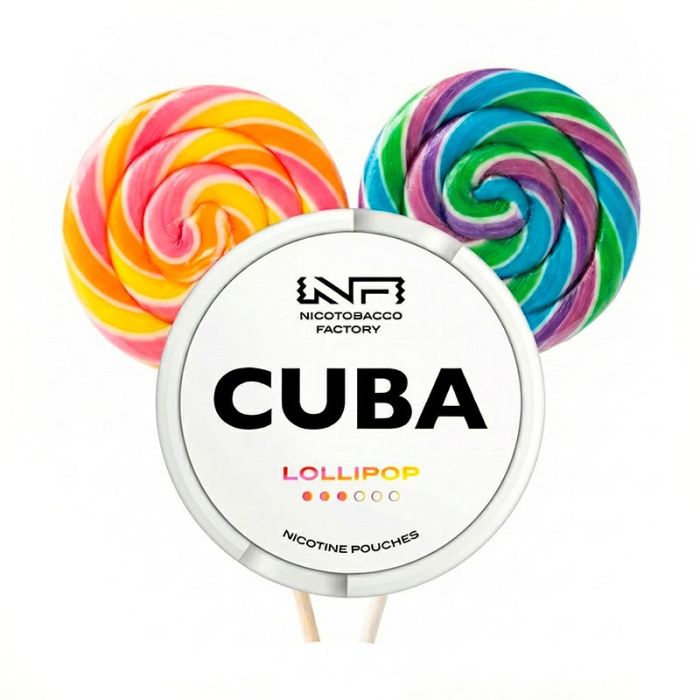Dose der CUBA Nicotine Pouches Lollipop Medium mit buntem Design auf dunklem Hintergrund