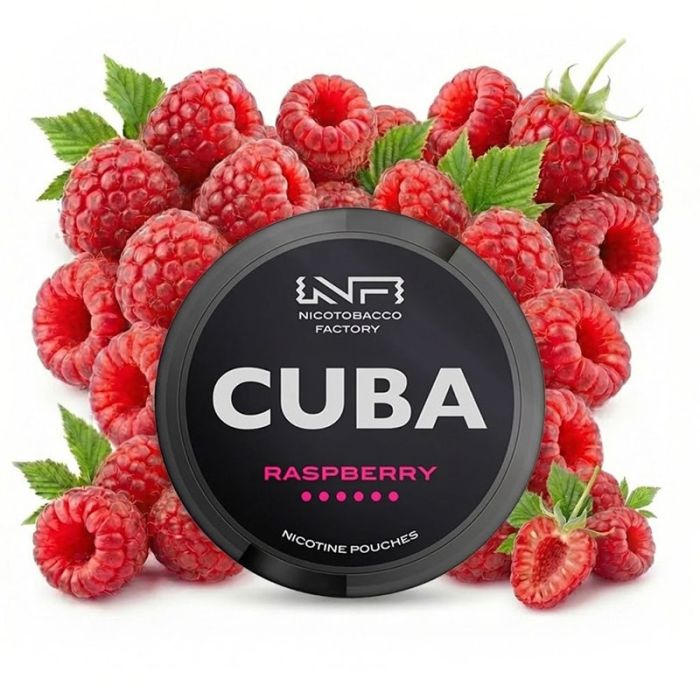 CUBA Nicotine Pouches Raspberry Strong Dose mit Himbeer-Motiv und tabakfreien Nikotinbeuteln