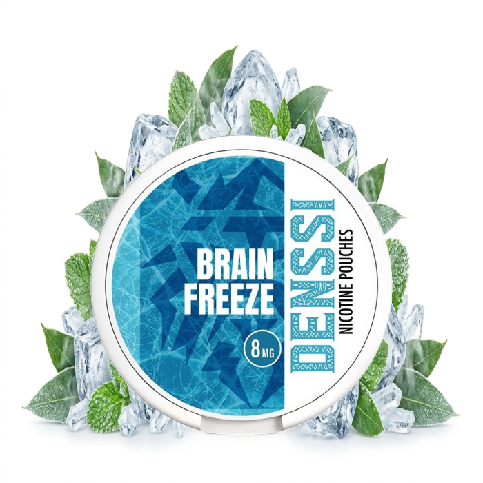 DENSSI Brain Freeze Light Nicotine Pouches – offene Dose mit slim all-white Beuteln und Brain Freeze Geschmacksangabe