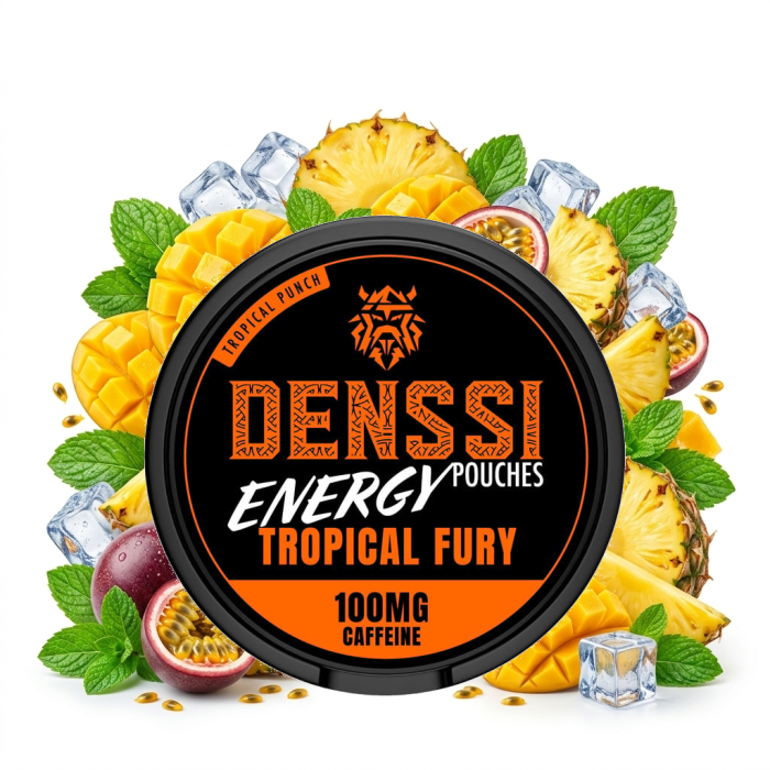 DENSSI ENERGY Tropical Fury Energy Pouch Dose mit Slim-Portionen im tropischen Fruchtprofil