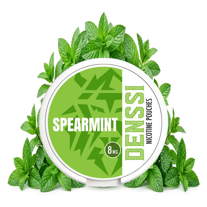 DENSSI Spearmint Light Nicotine Pouches in Slim-Format mit geöffneter Dose und all-white Beuteln