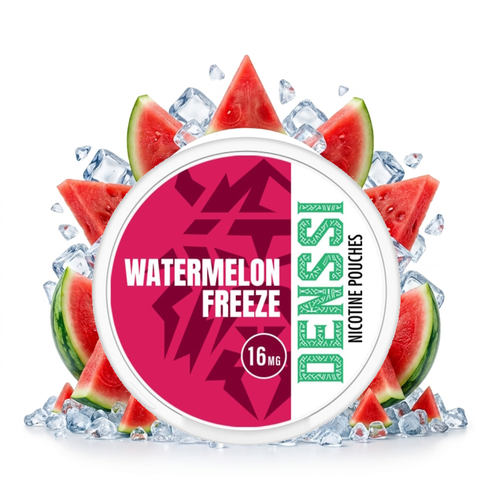 DENSSI Watermelon Freeze Slim Nicotine Pouches mit Wassermelonenaroma und Freeze-Kick in geöffneter Dose