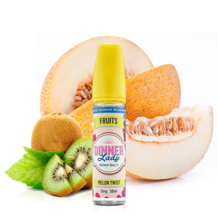 Dinner Lady Melon Twist Shortfill Flasche mit fruchtigem Melonen- und Kiwi-Geschmack vor weißem Hintergrund