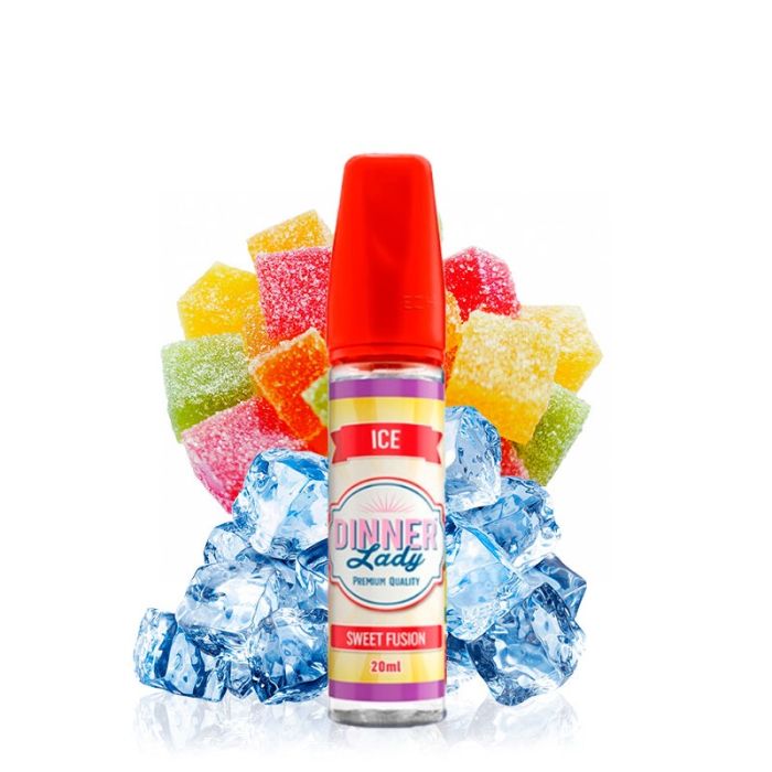 Dinner Lady Ice Sweet Fusion Shortfill Flasche mit bunter Verpackung vor hellem Hintergrund