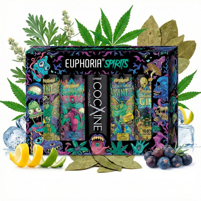 Euphoria Spirits Gift Set Geschenkbox mit fuenf verschiedenen Hanf-Spirituosen Miniaturen