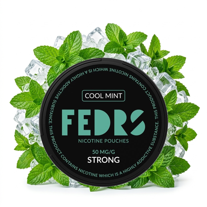 FEDRS BLACK Cool Mint Nicotine Pouches – geöffnete Dose mit Slim-Beuteln und Minz-Grafik