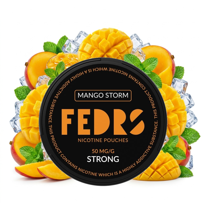 FEDRS BLACK Mango Storm Slim-Nicotine-Pouches – tabakfreie Beutel mit Mango-Aroma in der offenen Dose