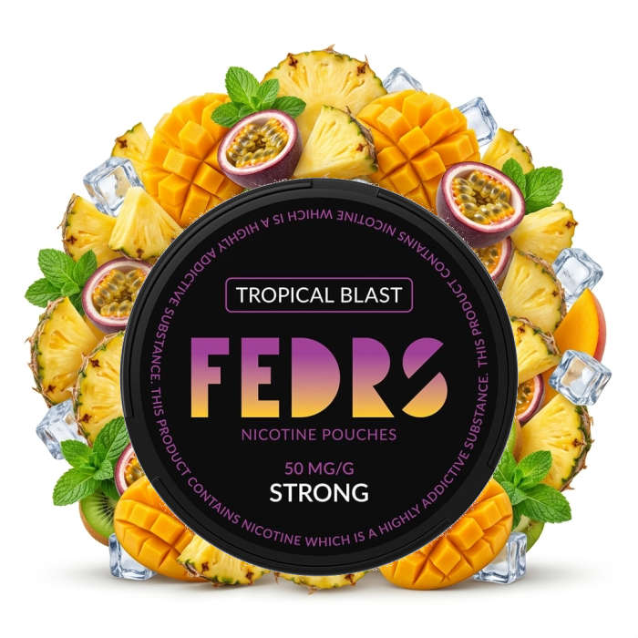 FEDRS BLACK Tropical Blast Nicotine Pouches Dose mit Slim-Beuteln im Detail