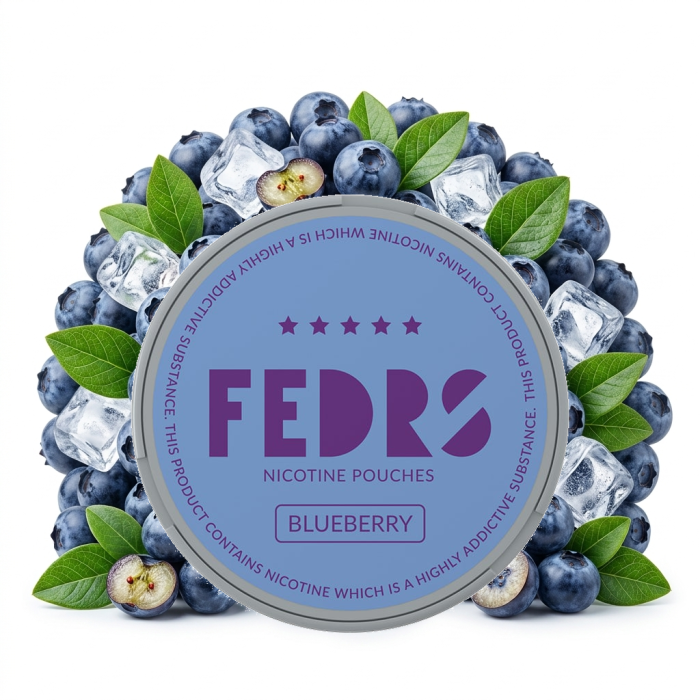 FEDRS ONLY Blueberry Nicotine Pouches im Slim-Format, Dose geöffnet mit Beuteln vorne auf dem blauen Etikett