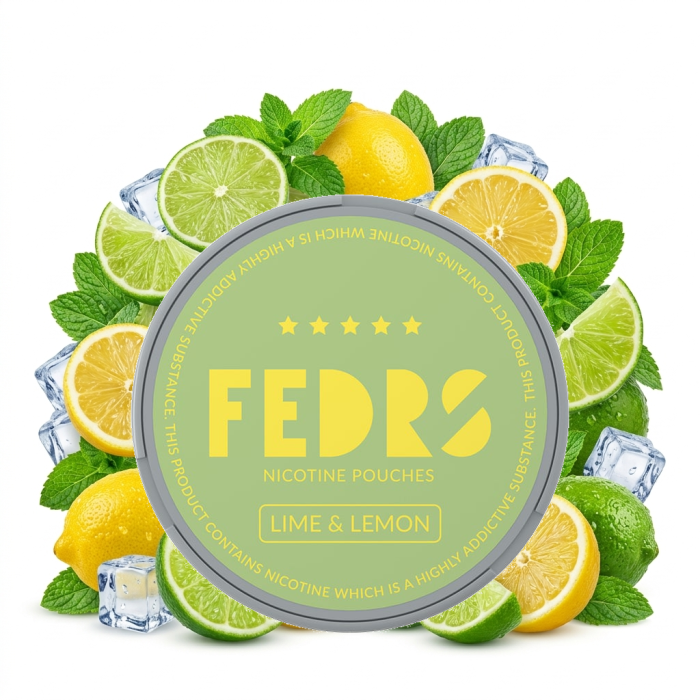 FEDRS ONLY Lime Lemon Nikotinbeutel im Slim-Format, geöffnete Dose mit all-white Portionen und Zitrus-Geschmacksprofil