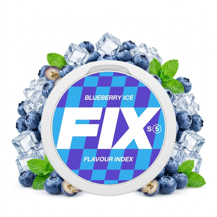 FIX Blueberry Ice Nicotine Pouches Slim-Beutel in geöffneter Dose mit Blueberry-Ice-Geschmack