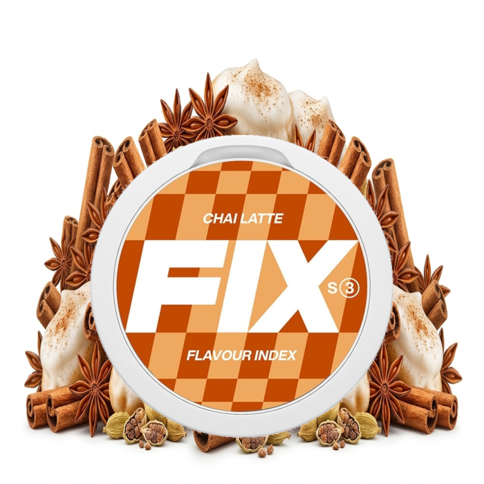FIX Chai Latte Slim Snus-Dose geöffnet mit trockenen Chai-Latte All-White-Beuteln
