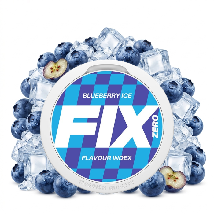 FIX ZERO Blueberry Ice nikotinfreie Slim Pouches mit Heidelbeere-Aroma in geöffneter Portionsdose