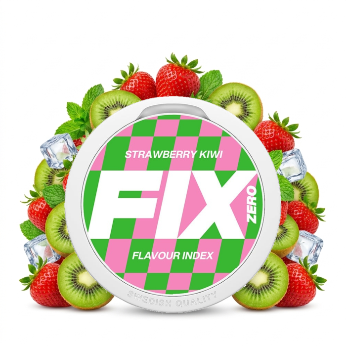 FIX ZERO Strawberry Kiwi Nicotine Pouches Dose mit Slim All-White Beuteln und Erdbeere-Kiwi-Geschmacksprofil