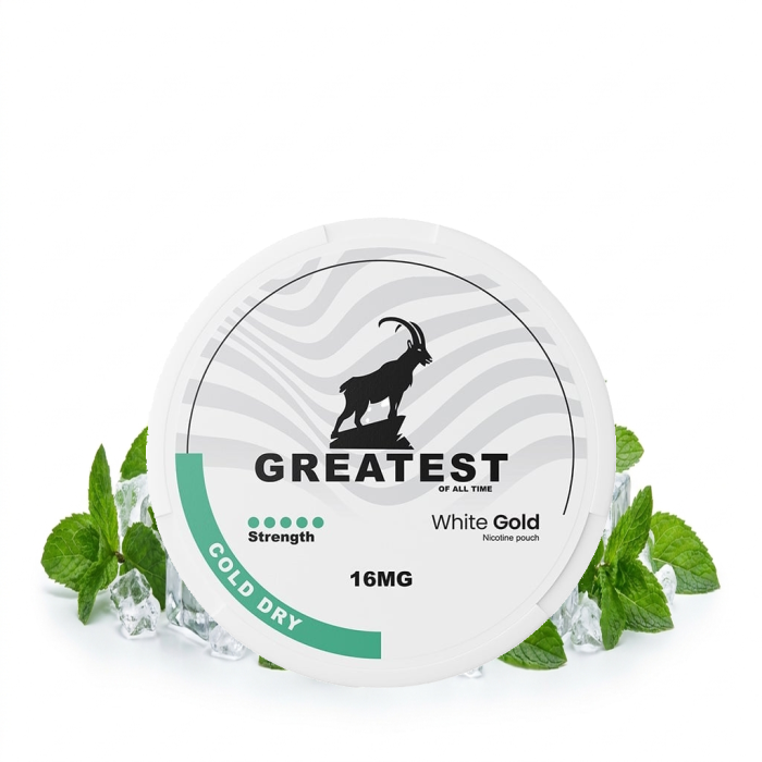 Greatest Cold Dry 16 sobres de nicotina en formato Slim con lata abierta y porciones All-White sin tabaco
