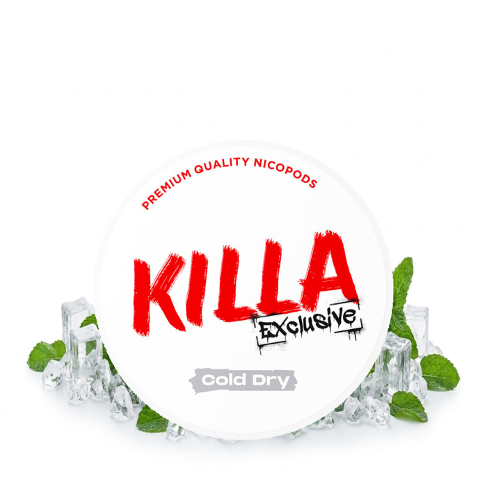 Saszetki z nikotyną Killa Exclusive COLD DRY w formacie Slim, otwarta puszka z białymi suchymi saszetkami i detalem mięty