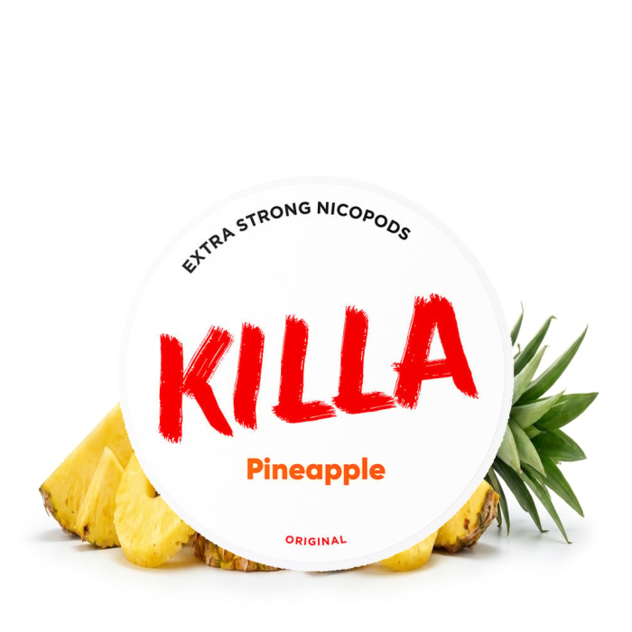 Killa Pineapple nicotine pouches in slim format with pineapple flavour, open can with 20 white pouches