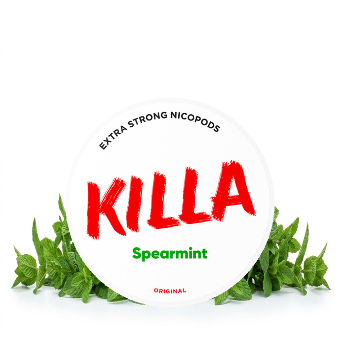 Δοχείο σακουδάκιων νικοτίνης Killa Spearmint με 20 Slim σακουδάκια σε πράσινο μεντζολικό σχεδιασμό