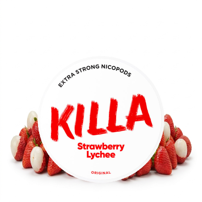 Puszka Killa Strawberry Lychee ze smukłymi saszetkami nikotynowymi o smaku truskawki i liczi