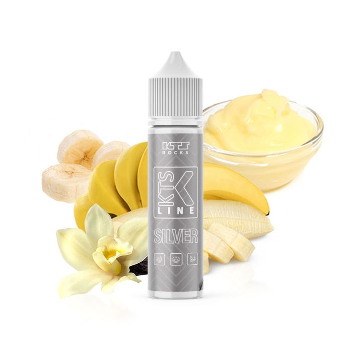 KTS Silver Aroma Longfill Flasche mit Blaubeeren Kokosnuss und Mandeln im Hintergrund