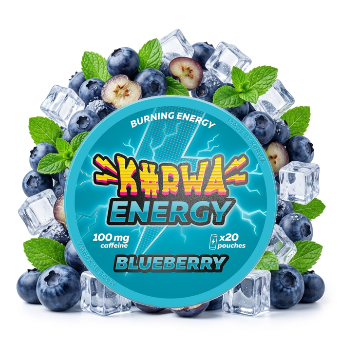 KURWA ENERGY Blueberry Energy Pouches Slim-Format mit blauschwarzen Heidelbeer-Heidelbeer-Symbolen auf der Dose