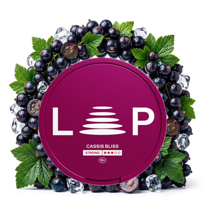 LOOP Cassis Bliss Nicotine Pouches Slim-Format, geöffnete Dose mit tabakfreien Beuteln